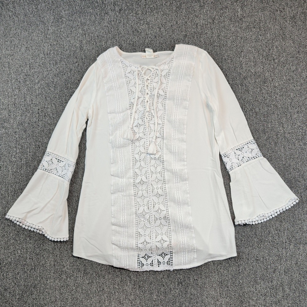 La Blanca Boho Crochet Lace Bell Sleeve Tunic Small White Beach Cover Up LB3ZY55